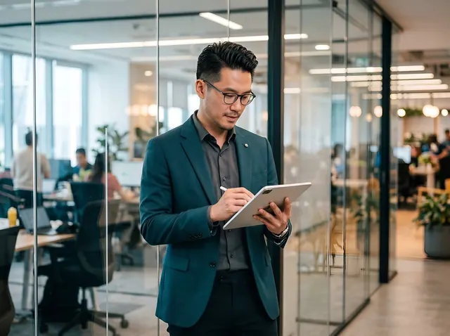 businessman, tablet stylus, notes, glasses, office, glass walls, professional, expression, technology, notebook, analyst, writing, natural light, coworking, indoor, device, interio. The practical 2027 guide to digital marketing careers