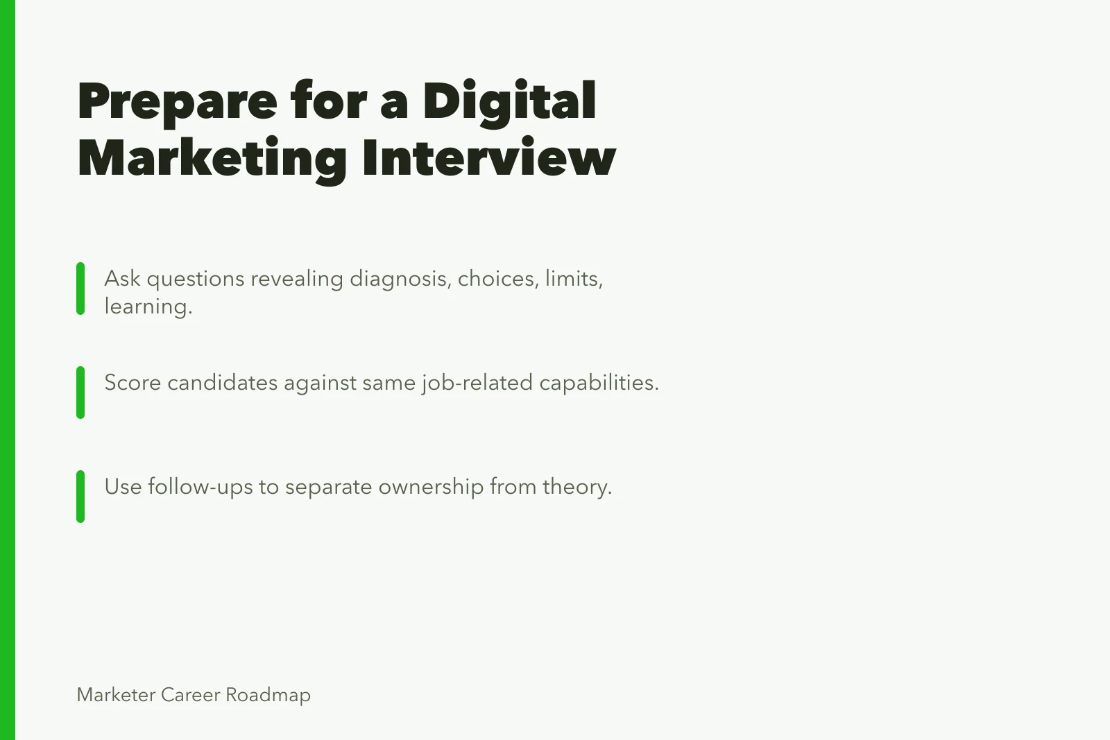 Digital marketing interview preparation card with structured questions and scoring guidance. How to prepare for a digital marketing interview