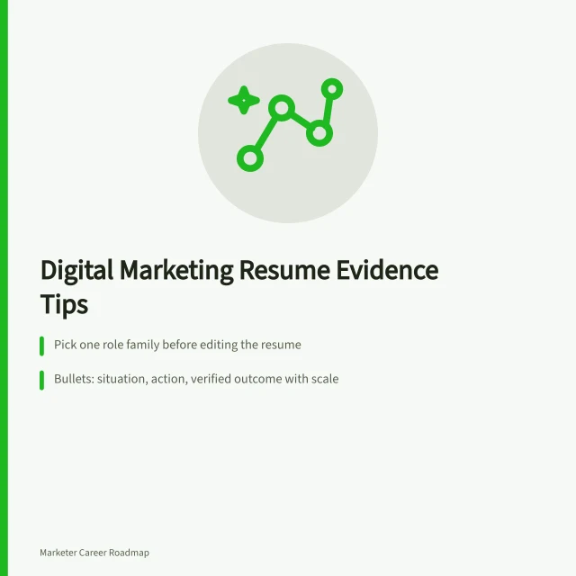 Card on targeting roles and proving resume claims with evidence. What matters most in digital marketing resume tips