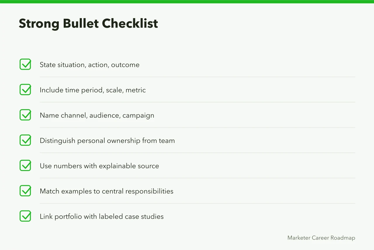 Checklist for writing resume bullets with context, ownership, and verified outcomes (What matters most in digital marketing resume tips)